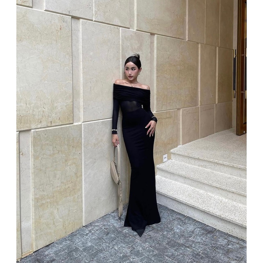 Commense Semi-Sheer Off-Shoulder Mesh Black Maxi  Long Sleeve size XS‎ - Picture 6 of 7